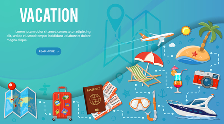Vacation and Tourism Banner Infographics with Flat Icons Planning, Luggage, Trip, Cocktail, Tickets, Aircraft and Suitcase. vector illustrationのイラスト素材