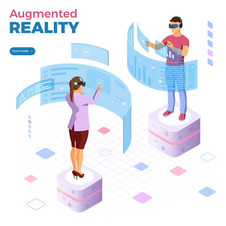 Man and woman wearing virtual reality glasses with augmented reality touches transparent screens. isometric future technology. isolated vector illustrationのイラスト素材