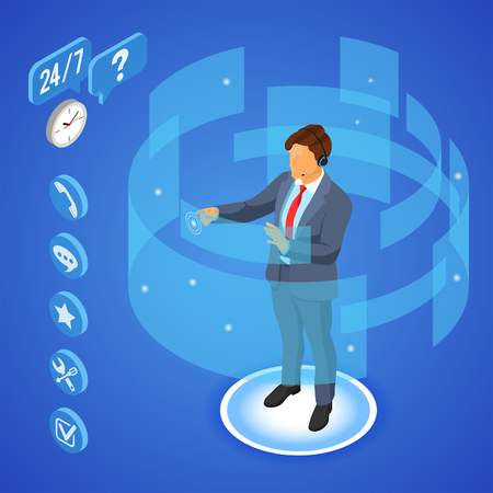 Online isometric customer support concept. Mobile call center with man consultant, headset, rating, chat icons. isometric people. isolated vector illustrationのイラスト素材