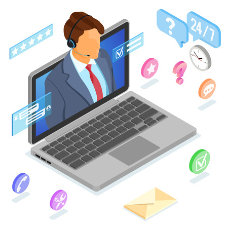 Online isometric customer support concept. Mobile call center with man consultant, headset, laptop, chat icons. isolated vector illustrationのイラスト素材