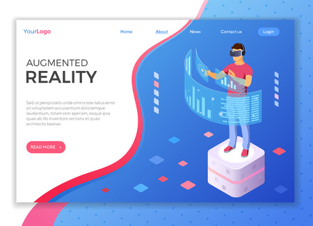 Man wearing virtual reality glasses with augmented reality touches transparent screens. isometric future technology. isolated vector illustration. landing page templateのイラスト素材