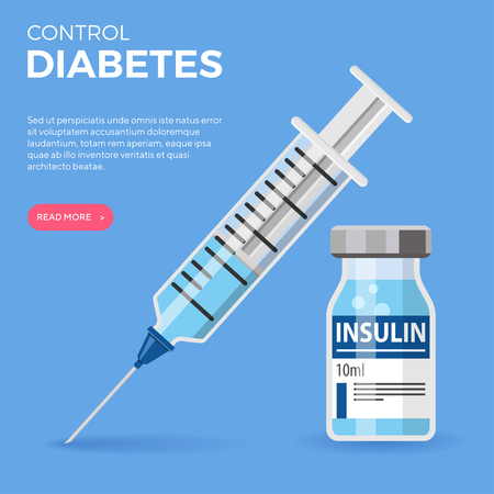 Control your Diabetes concept. Icon plastic medical syringe with needle and insulin vial in flat style, concept of vaccination, injection, isolated vector illustrationのイラスト素材
