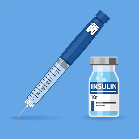 Control your Diabetes concept. Insulin pen syringe and insulin vial. flat style icon. concept of vaccination, injection. isolated vector illustrationのイラスト素材