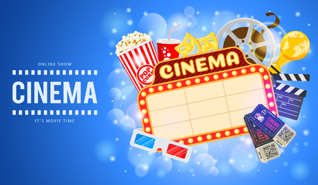 Cinema and Movie time Banner with flat icons film, popcorn, signboard, 3D glasses, award and tickets. Vector illustration posterのイラスト素材