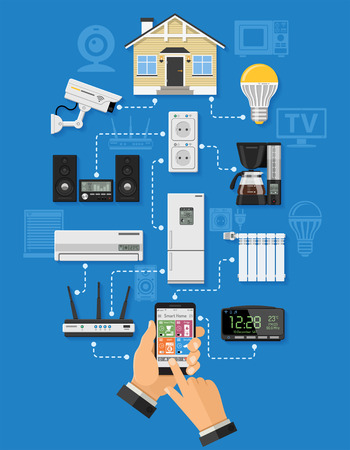 Smart House and internet of things concept with flat icons. Man holding smartphone in hand and controls smart home devices through Internet like security camera, light. isolated vector illustrationのイラスト素材