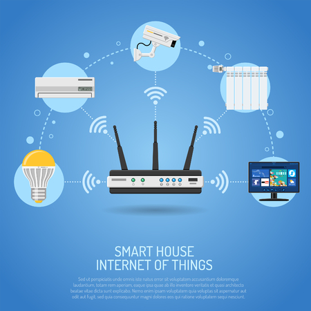 Smart House and internet of things concept. Router controls smart home through Internet like security air conditioner and smart tv flat icons. isolated vector illustrationのイラスト素材
