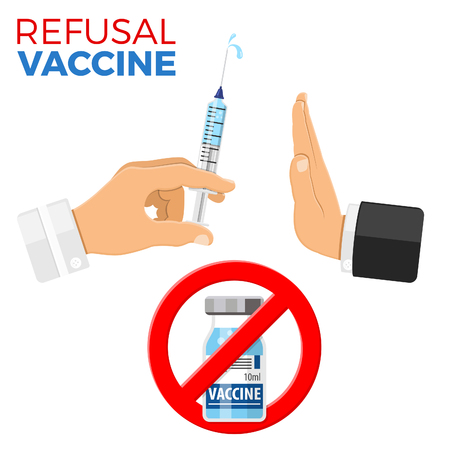 Refusal vaccination concept with sign stop, syringe and vial vaccine in flat style icon, concept stop vaccination, injection. doctor holds syringe with vaccine in hand. isolated vector illustrationのイラスト素材