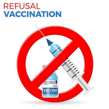Refusal vaccination concept with sign stop icon plastic medical syringe and vial vaccine in flat style, concept stop vaccination, injection. isolated vector illustrationのイラスト素材