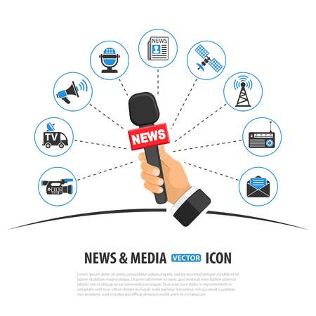 Media and News Vector Concept with Icon set in two color such as Newspaper Camera and journalist hand holds microphone. Isolated vector illustrationのイラスト素材