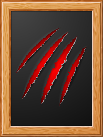 Picture realistic scratch claws of animal in wooden frame. Hole in sheet of paper with torn edges. Isolated vector illustrationのイラスト素材