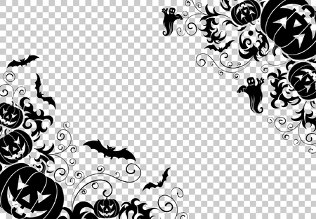 Happy Halloween Frame with bats, ghost, floral pattern and halloween pumpkins. Vector illustration on transparent backgroundのイラスト素材