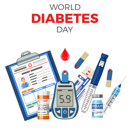 Control your Diabetes concept. World diabetes day. Blood glucose meter, insulin pen syringe, red blood cells and vial. isolated vector illustrationのイラスト素材