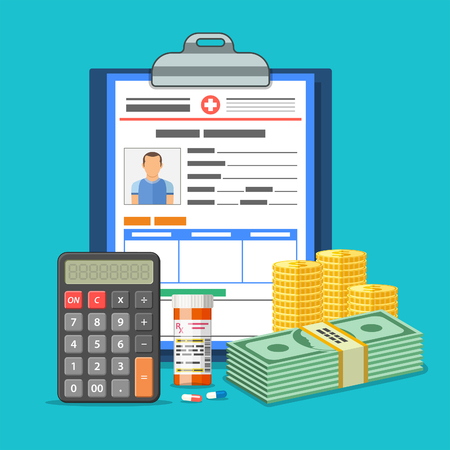 Medical Insurance Services Concept with medical record, money, calculator and pills. isolated vector illustrationのイラスト素材