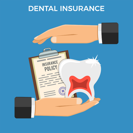 Dental Insurance Service Concept. dental care  with flat icons hand holds Insurance Policy, tooth and hand protects them. Isolated vector illustrationのイラスト素材