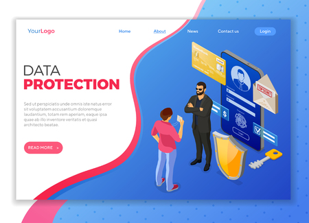 personal Data Cyber Internet and security Protection banner Phone with confidential data protection Shield security guard Hero Badge Login Form antivirus hacking isometric isolated vector illustrationのイラスト素材