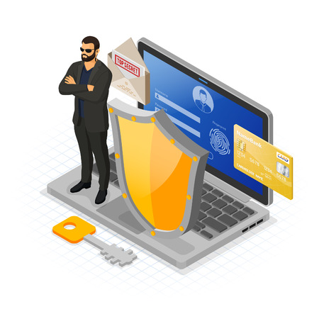 Computer Internet personal Data security Protection banner Laptop with confidential data protection shield security guard Login Fingerprint Form antivirus hacking isometric isolated vectorのイラスト素材