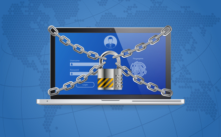 Computer Cyber Internet and personal Data security Protection web banner. Laptop with Lock, Chain, Login and Fingerprint Form. VPN, antivirus, hacking concept. realistic vector illustrationのイラスト素材