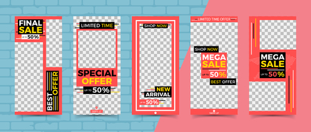 Set social network stories. transparent photo frames. sale banner design template. shop brand promotion. brick wall template. vector illustrationのイラスト素材