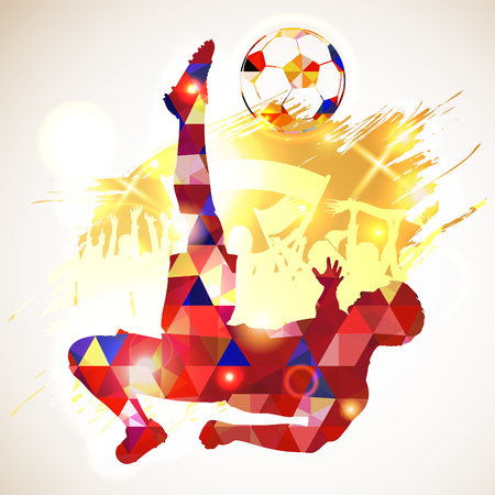 silhouette soccer football player and ball, fans on grunge background. modern poligonal pattern. vector illustrationのイラスト素材