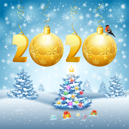 Christmas and New Year background with stylized 2020, snowflake, bullfinch, Christmas tree and Bauble. Vector illustration Template for Flyer, Greeting Cardのイラスト素材