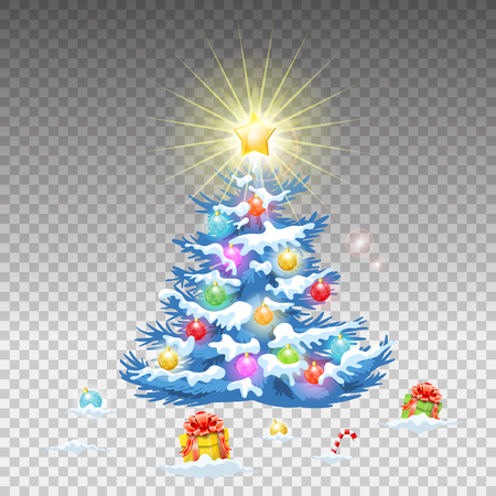 Christmas and New Year concept with Christmas tree, gifts, candy and flare on transparent background. isolated vector illustrationのイラスト素材