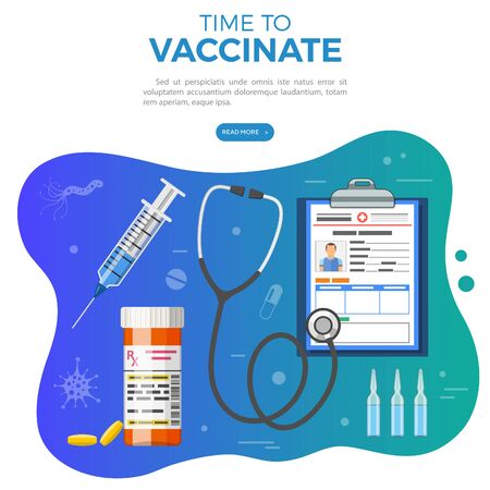 Vaccination, diabetes, immunization banner with flat icons syringe, vaccine ampoule, pills. vector illustrationのイラスト素材