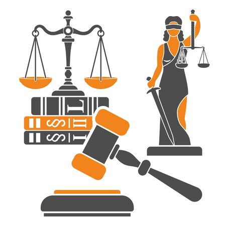 Law and Justice Concept with flat icons justice scales, judge gavel, Lady Justice, law books. isolated vector illustrationのイラスト素材