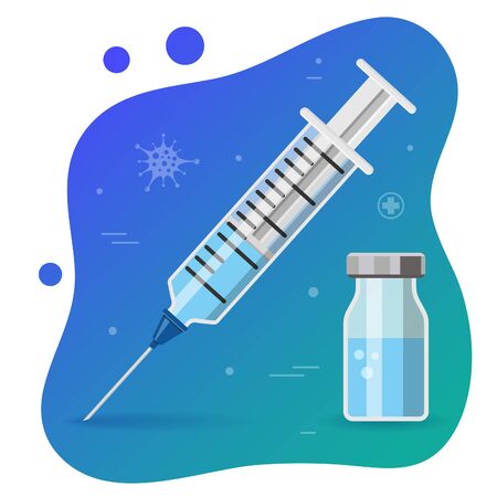 icon plastic medical syringe with needle and vial in flat style, concept of vaccination, injection, isolated vector illustrationのイラスト素材