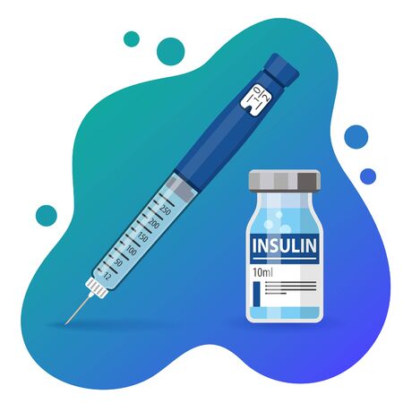 Control your Diabetes concept. Insulin pen syringe and insulin vial. flat style icon. concept of vaccination, injection, diabetes. isolated vector illustrationのイラスト素材
