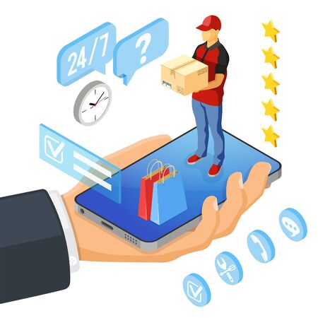 Isometric online shopping, delivery, logistics concept. hand with smartphone, delivery man, box. 24h internet shopping and delivery at home. isolated vector illustrationのイラスト素材