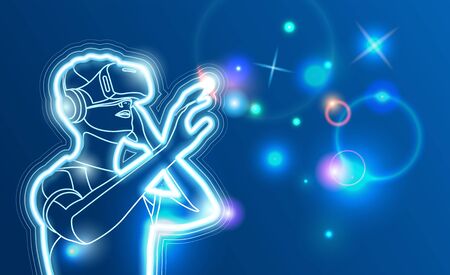 Man wearing virtual reality glasses with augmented reality touches abstract background. future technology. vector illustrationのイラスト素材