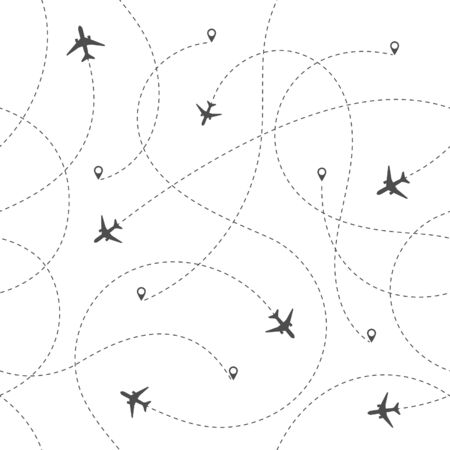 Seamless pattern airplanes routes. travel, vacation, trip seamless concept with dashed lines. isolated vector illustrationのイラスト素材