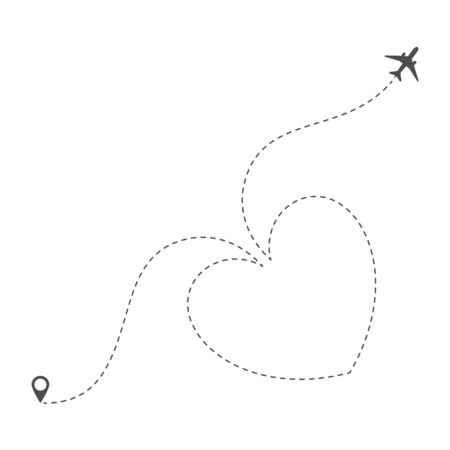 Airplane route with dashed line in form of heart. romantic valentines day trip or vacation. Love of traveling by plane. isolated vector illustrationのイラスト素材