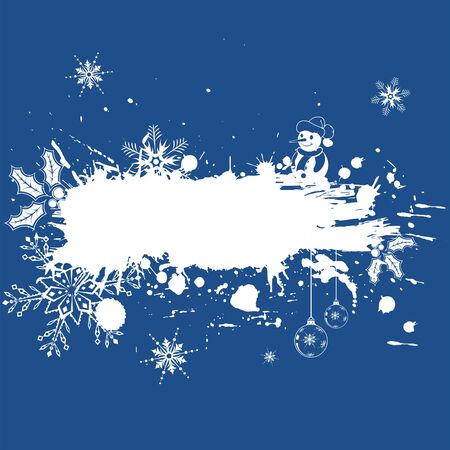 Classic Blue. Color of the Year 2020. Merry Christmas and Happy New Year Grunge Frame with snowflakes, baubles and snowman. isolated vector illustrationのイラスト素材