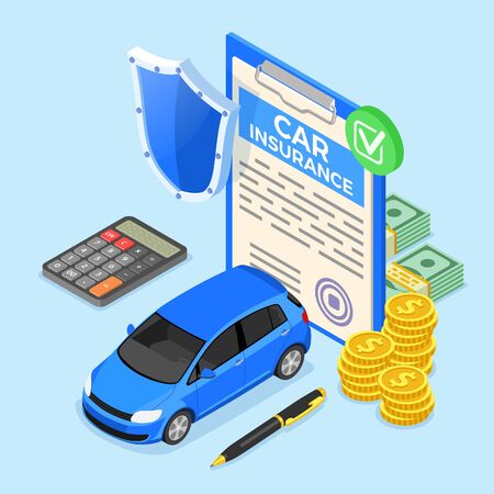 Car Insurance Isometric Concept for Poster, Web Site, Advertising with Car Insurance Policy, calculator, Money and Shield. isolated vector illustrationのイラスト素材