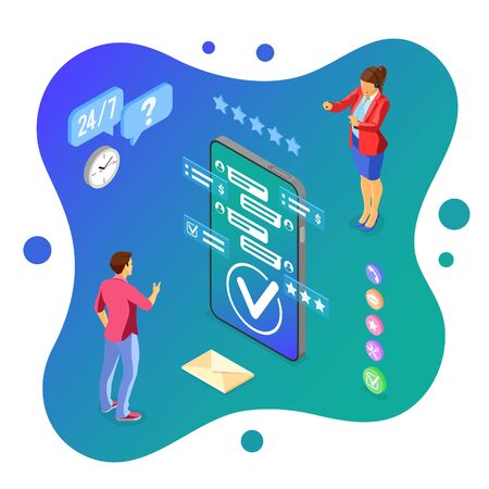 Online isometric customer support concept. Mobile call center with female consultant, headset, rating, chat icons. isolated vector illustrationのイラスト素材