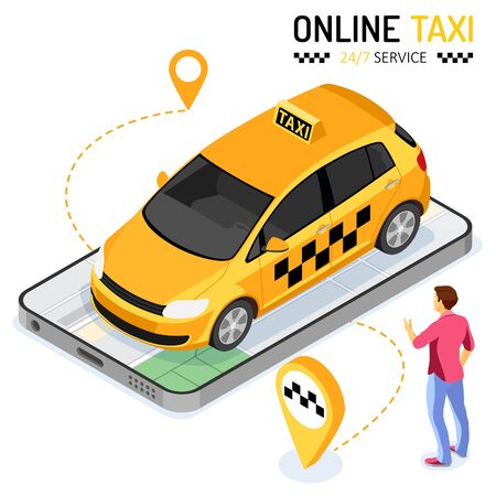 Man orders taxi from smartphone. Online taxi 24 hour service concept with people, car, map and route pin. isometric icons. isolated vector illustrationのイラスト素材