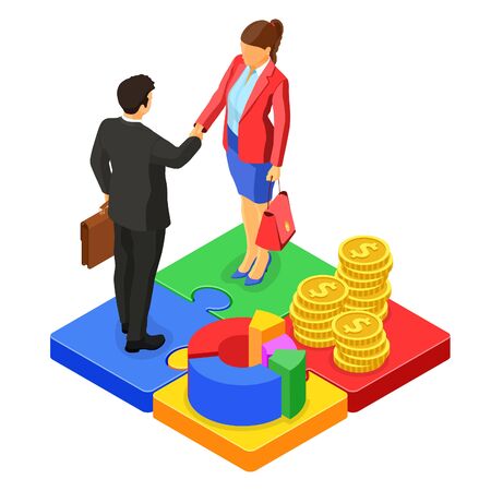 Handshake business man and woman after negotiating successful deal. startup partnership to achieve goals. teamwork. puzzles infographics. B2B hero images. isometric isolated vectorのイラスト素材