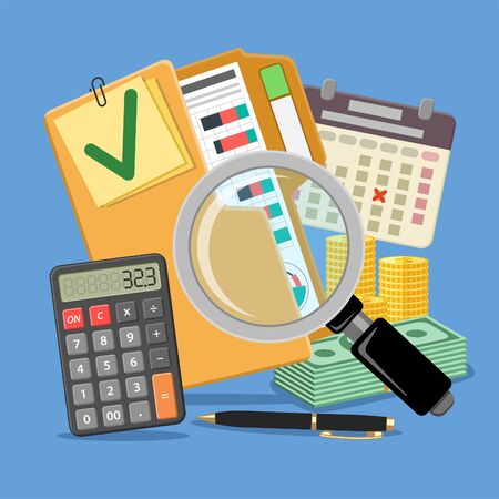 Auditing, Tax, Business Accounting Banner. Magnifying Glass and folder with checked up Financial Reports, Calculator, calendar and money. Flat Style Icons. Isolated vector illustrationのイラスト素材