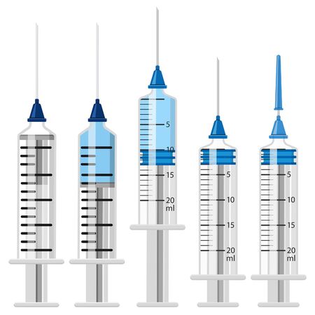 Set icons plastic medical syringes. syringe with vaccine and empty. with needle, plunger, scale and cover in flat style. concept of vaccination, injection, diabetes. isolated vector illustrationのイラスト素材