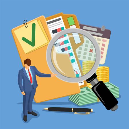 Auditing, Tax, Business Accounting Banner. Auditor, magnifying Glass and folder with checked up Financial Reports, calendar and money. Flat Style Icons. Isolated vector illustrationのイラスト素材