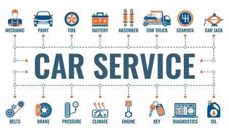 Car service horizontal banner with two color flat icons for advertising and service station like mechanic, tow truck, oil, diagnostics. typography concept. isolated vector illustration