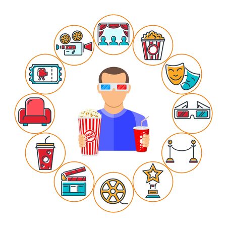 Cinema and Movie banner with flat and colored line icons Set like popcorn, award, clapperboard, tickets, 3D glasses and viewer. Isolated vector illustrationのイラスト素材