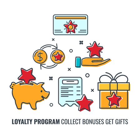 Loyalty Program banner with colored line flat icons. collect bonuses get gifts. Customer rewards...