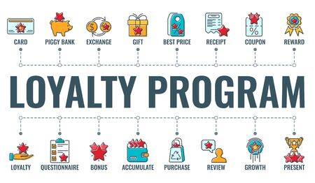Loyalty Program banner with typography and colored line flat icons. Customer rewards with bonuses....