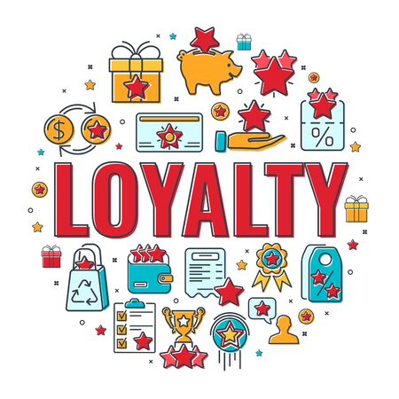 Loyalty Program banner with typography and colored line flat icons. Customer rewards with bonuses. Gift, discount coupons, bonus growth, exchange points, loyalty card. isolated vector illustrationのイラスト素材