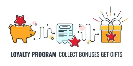 Loyalty Program banner with colored line flat icons. collect bonuses get gifts. Customer rewards...