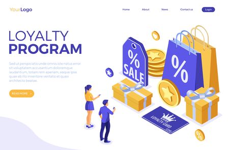 Landing page template with girl and man chooses gifts for bonuses from loyalty program. Customer...