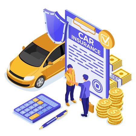 Car Insurance Isometric Concept for Poster, Web Site, Advertising with Car Insurance Policy, calculator, people handshake, money and shield. isolated vector illustrationのイラスト素材