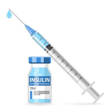 Control your Diabetes concept. Insulin syringe and insulin vial. flat style icon. concept of vaccination, injection. isolated vector illustrationのイラスト素材